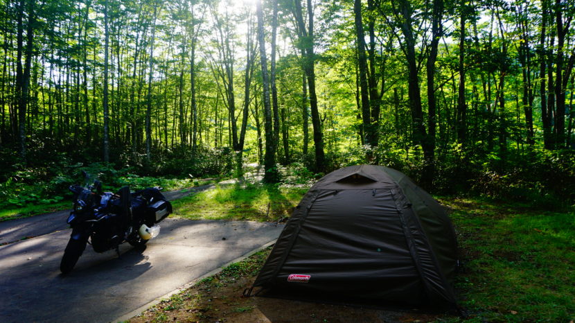 ブナの原生林が広がる休暇村乳頭温泉郷キャンプ場で、木漏れ日に包まれるバイクとアテナワイドツーリング130。